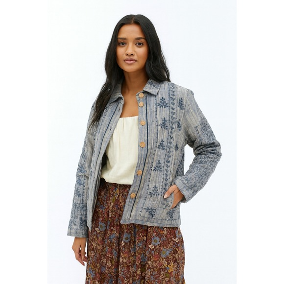 Young Threads Jackets & Blazers - Young Threads Kanta Boho Western Cottage Patchwork Blue Embroidered Jacket Large